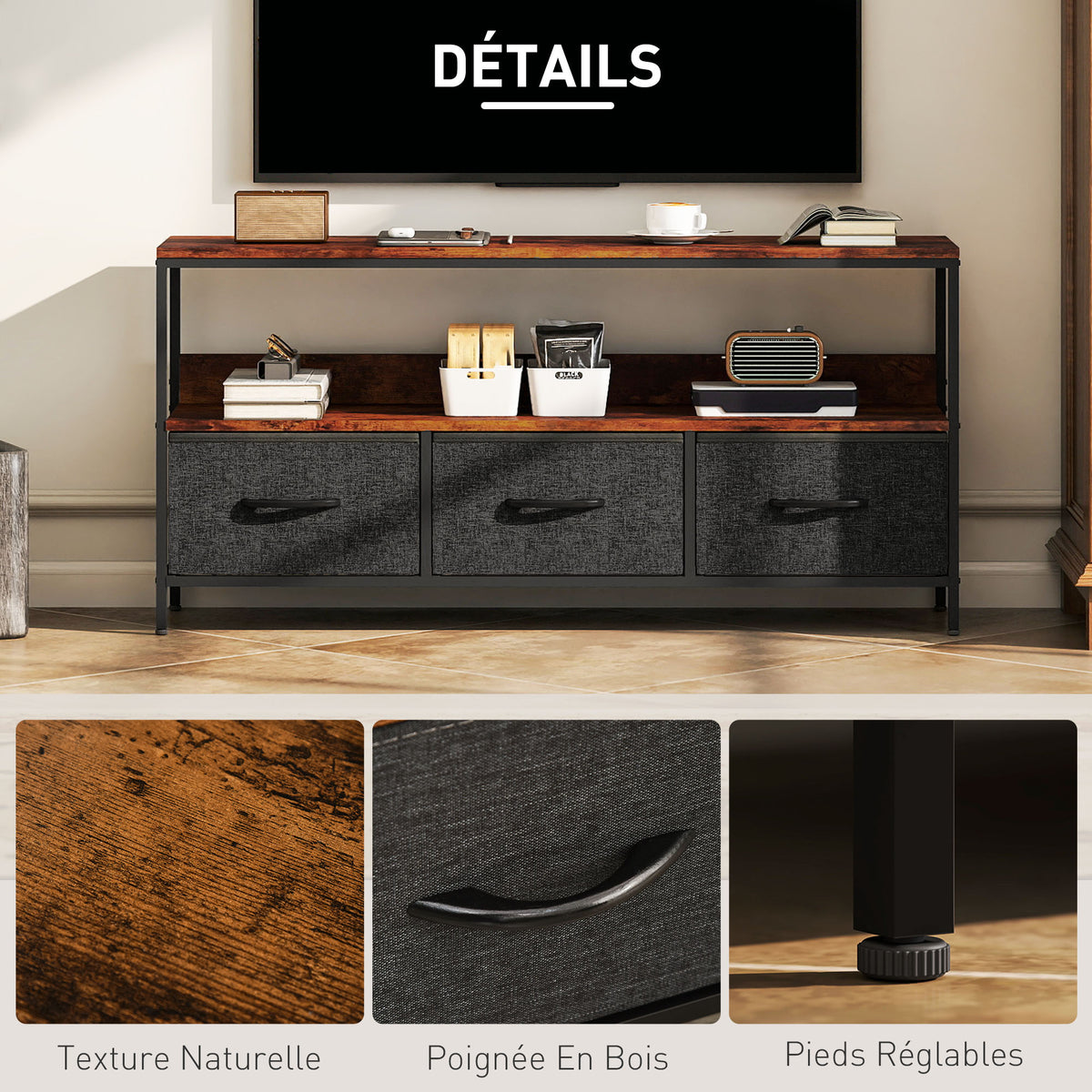 Meuble TV, meuble TV pour téléviseur jusqu'à 55 pouces avec 3 tiroirs et pieds en acier 120 x 29 x 56 cm brun rustique