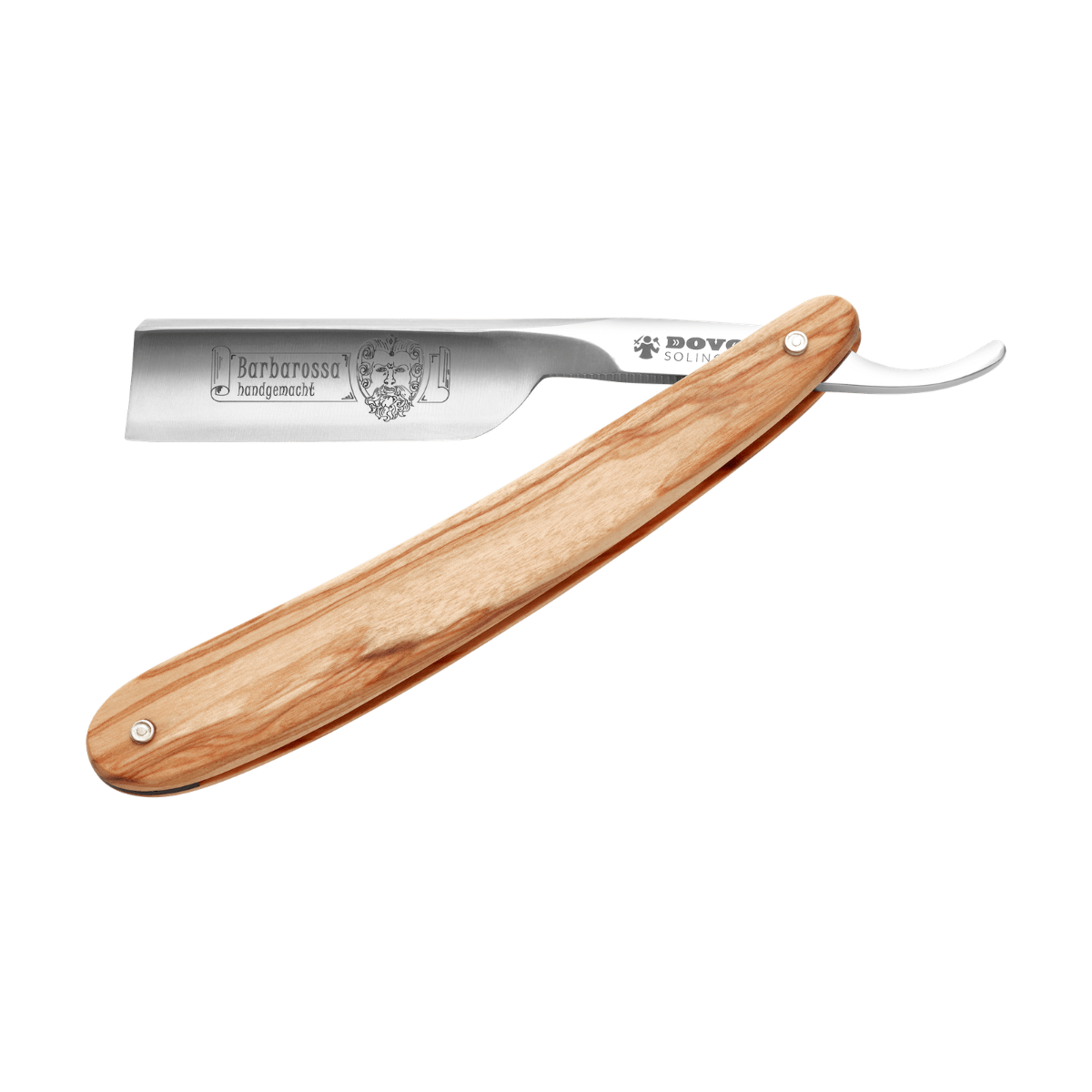 Rasoir droit à lame courte Dovo, "Barbarossa" 5/8", acier carbone, évidement complet, manche en bois d'olivier