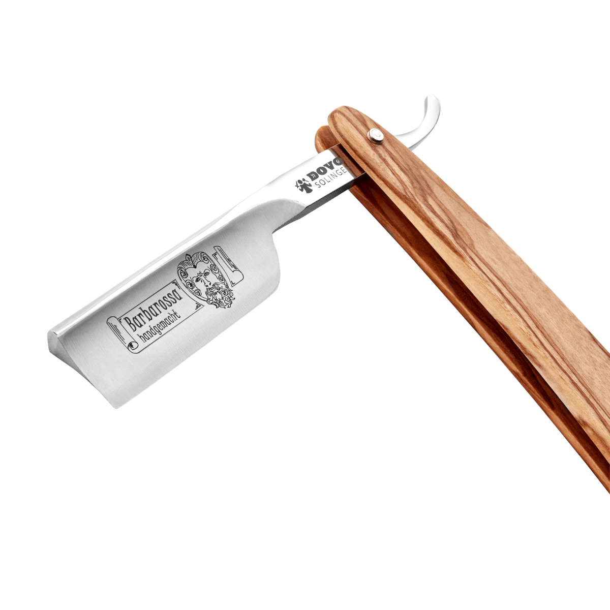 Rasoir droit à lame courte Dovo, "Barbarossa" 5/8", acier carbone, évidement complet, manche en bois d'olivier