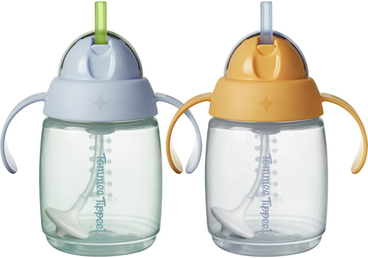 Tommee tippee straw cup - 2 pieces - 240 ml - with handles and weighted silicone straw - for toddlers from 6m+ months - blue and orange