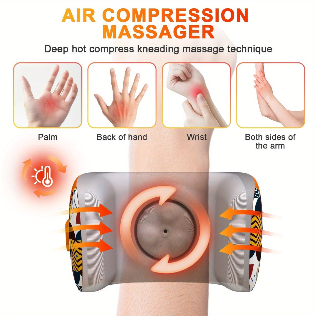 Masseur Électrique pour les Mains avec Compression d'Air Chauffée par Acupuncture (Orange)