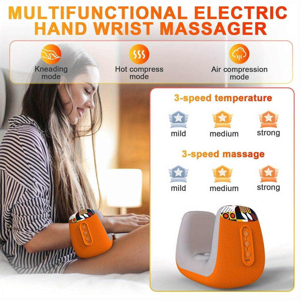 Masseur Électrique pour les Mains avec Compression d'Air Chauffée par Acupuncture (Orange)