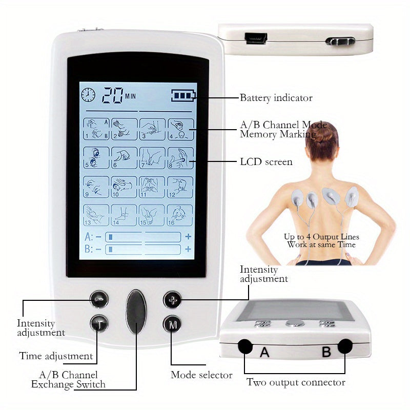 Masseur électrique 16 modes - EMS et TENS à double sortie (blanc)
