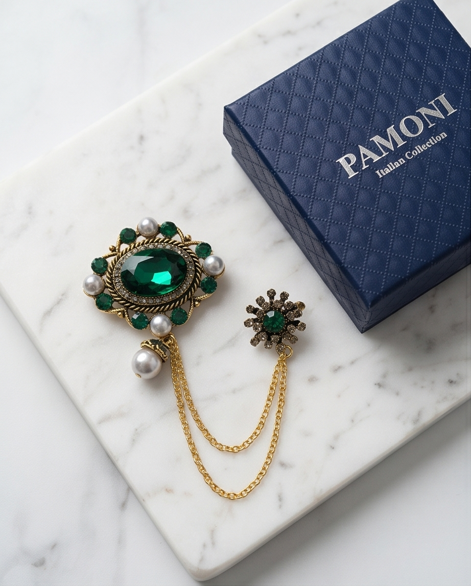 Opulent Emerald & Pearl Lapel Chain Brooch