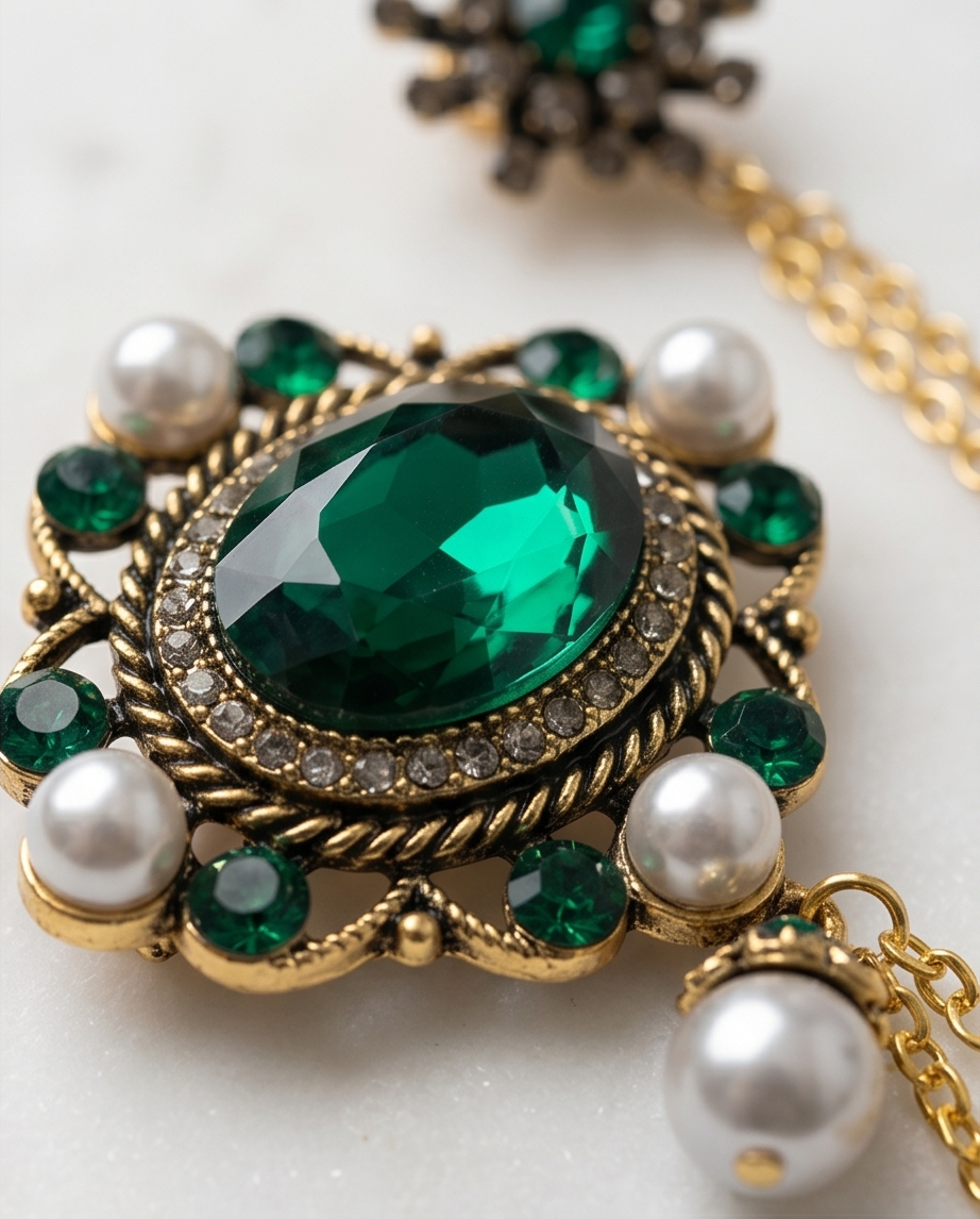 Opulent Emerald & Pearl Lapel Chain Brooch