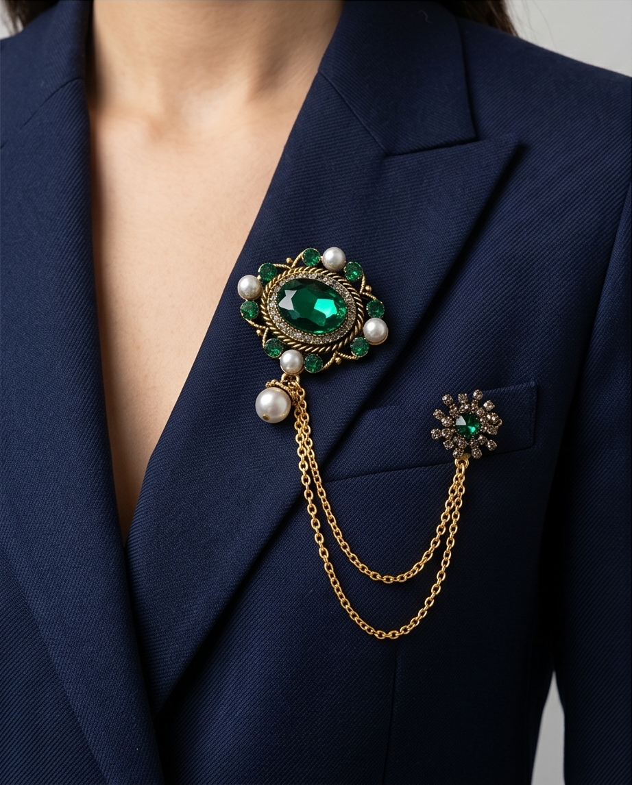 Opulent Emerald & Pearl Lapel Chain Brooch