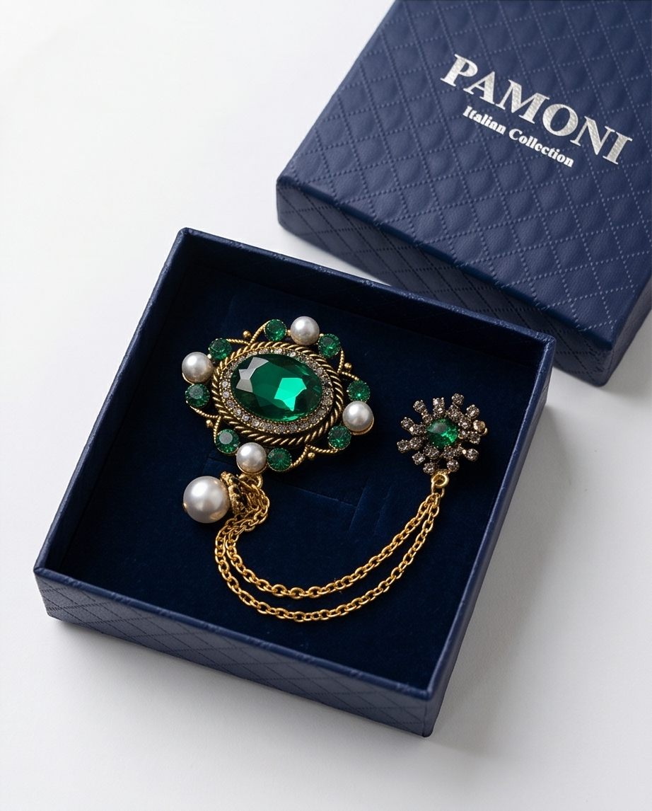 Opulent Emerald & Pearl Lapel Chain Brooch