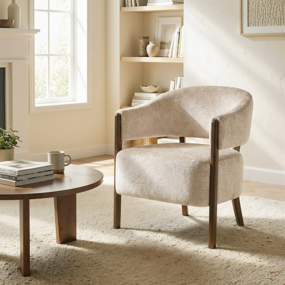 Fauteuil de salon en chenille, chaise rembourrée, assise large, dossier ergonomique, accoudoirs, 71x63,5x78,5cm, beige
