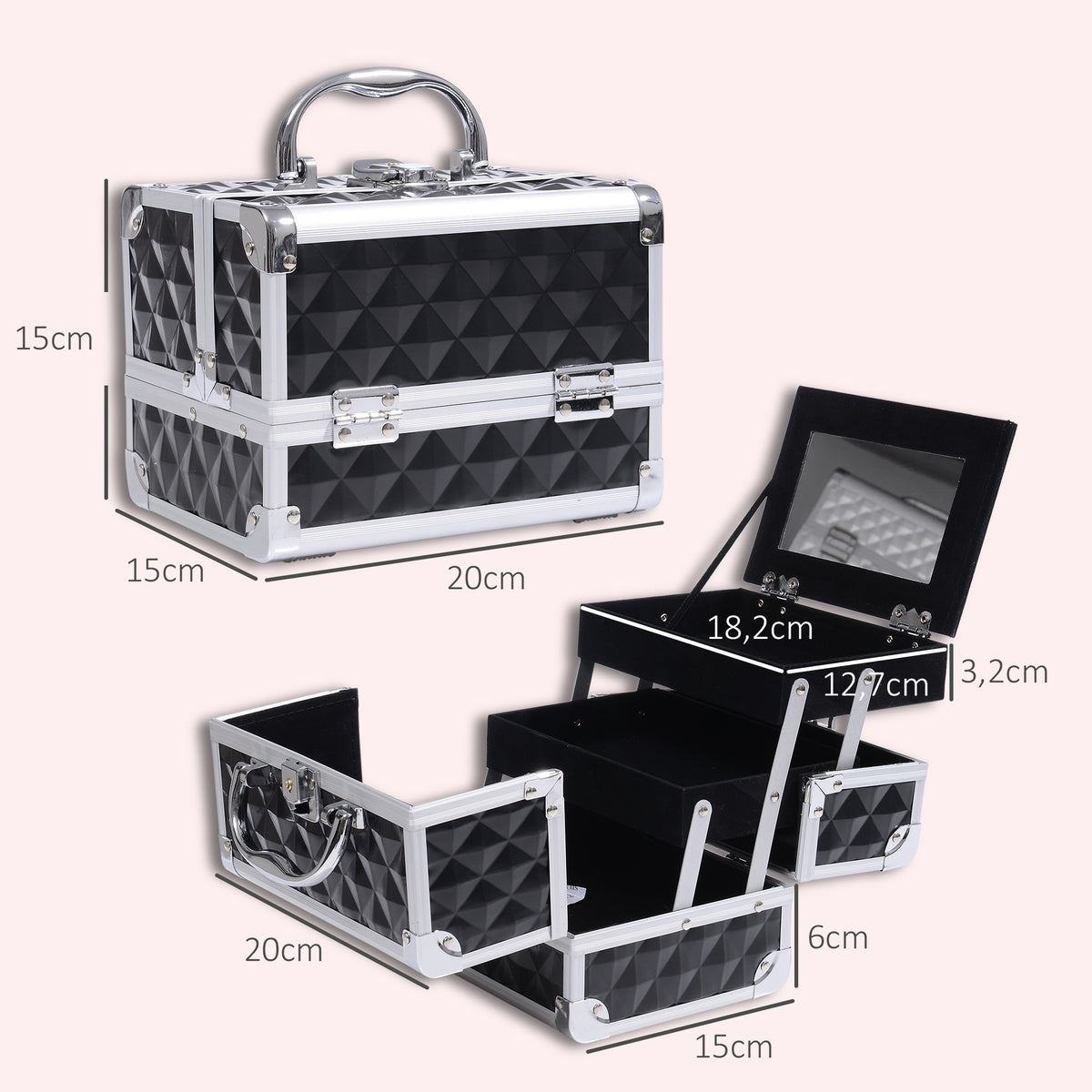 Mallette de maquillage de rangement à 3 niveaux avec miroir, verrouillable avec 2 clés, dim. 20L x 15l x 15H cm noir