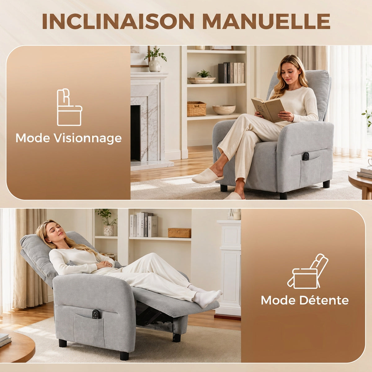 Fauteuil inclinable de massage par vibration et chauffage, Fauteuil de relaxation en tissu bouclette, Gris