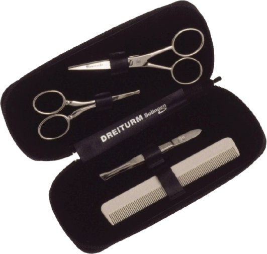 Trousse en cuir Dreiturm avec ciseaux, ciseaux à nez, pince à épiler et peigne à barbe