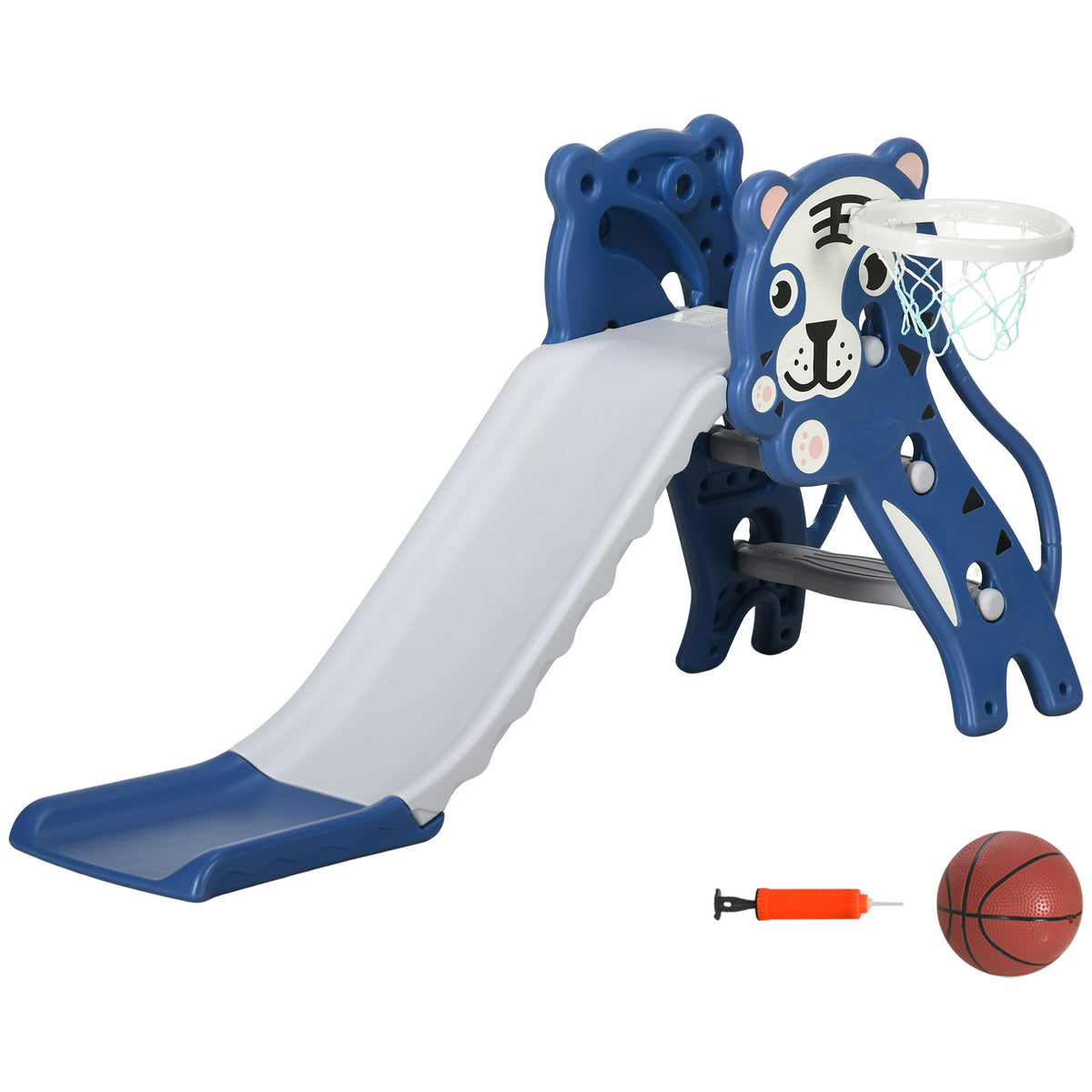 Tobogã infantil, escorrega infantil interior, com cesto de basquetebol, tema tigre, 18-36 meses, azul