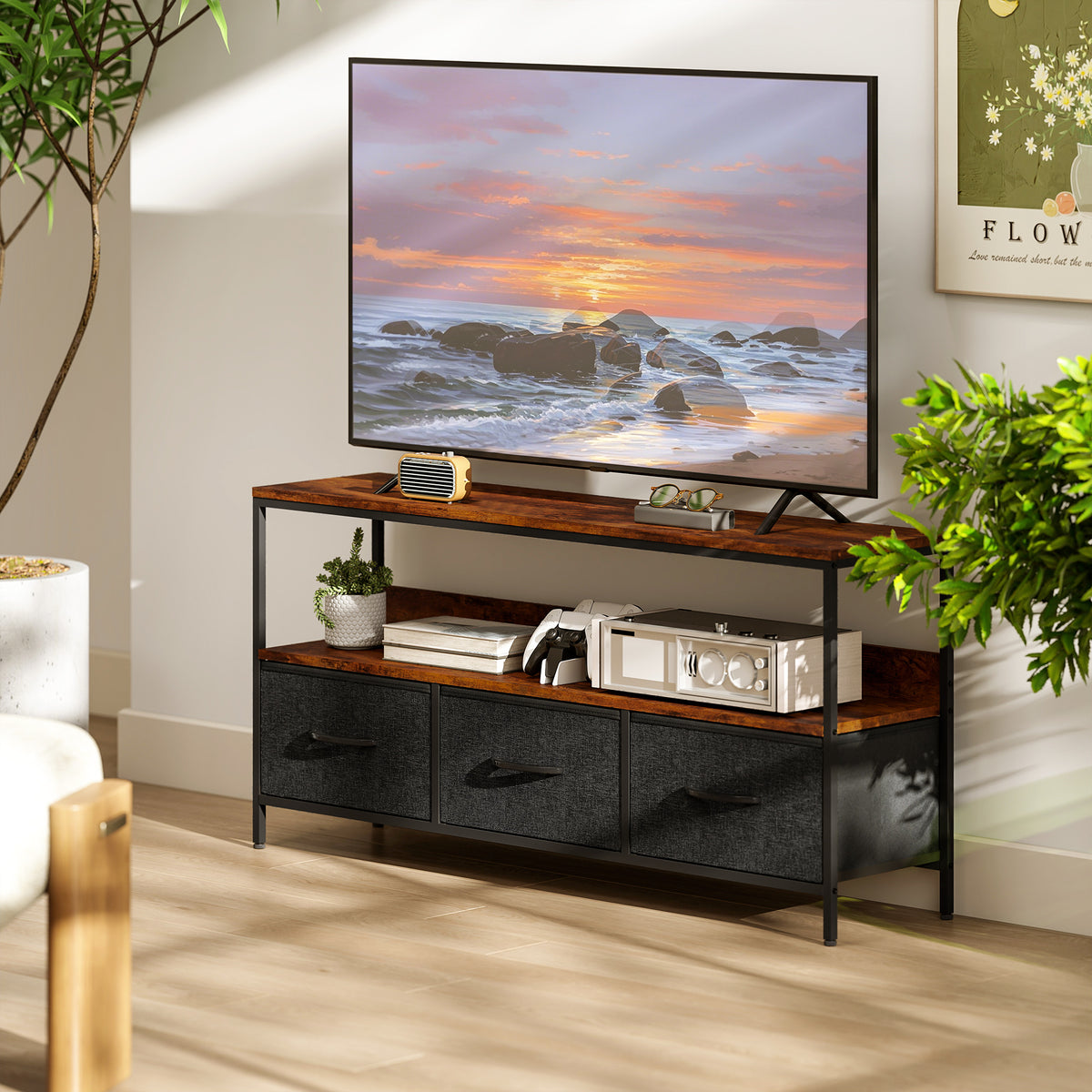 Meuble TV, meuble TV pour téléviseur jusqu'à 55 pouces avec 3 tiroirs et pieds en acier 120 x 29 x 56 cm brun rustique
