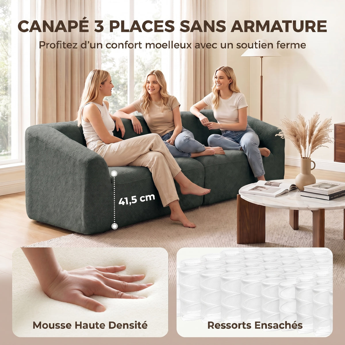 Canapé 3 places en chenille 225 cm, canapé salon rembourré moderne avec assise large, coussin à ressorts, vert foncé