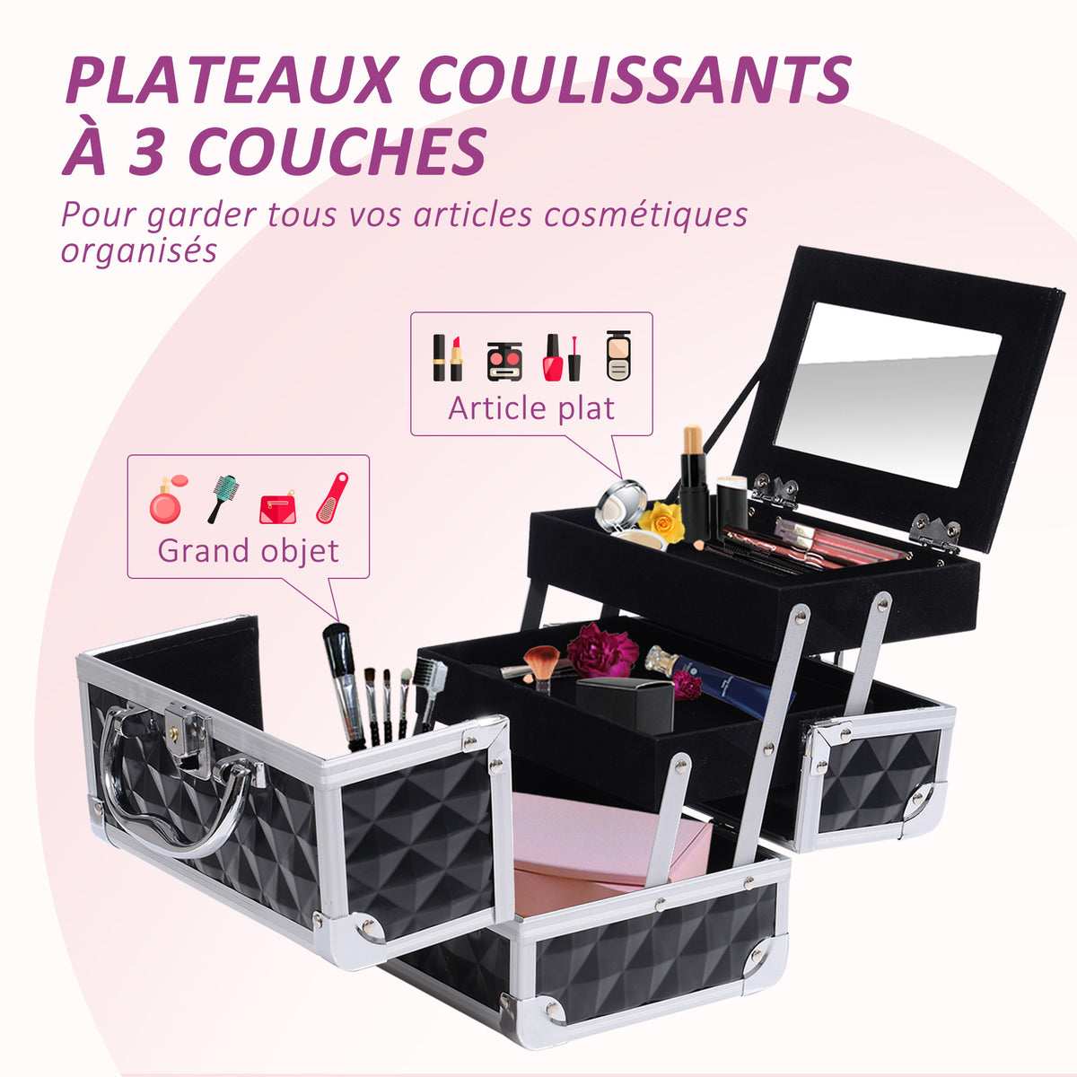 Mallette de maquillage de rangement à 3 niveaux avec miroir, verrouillable avec 2 clés, dim. 20L x 15l x 15H cm noir