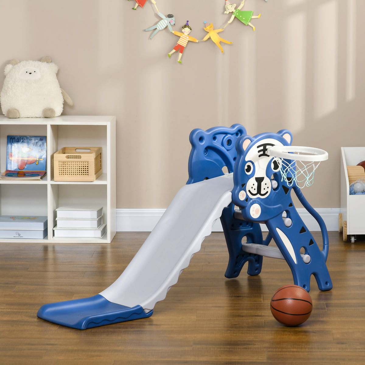 Tobogã infantil, escorrega infantil interior, com cesto de basquetebol, tema tigre, 18-36 meses, azul