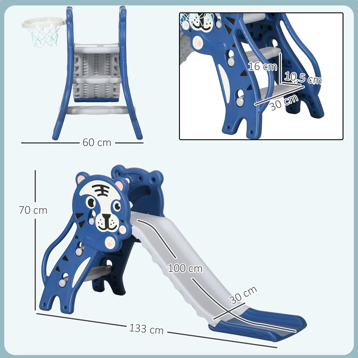 Tobogã infantil, escorrega infantil interior, com cesto de basquetebol, tema tigre, 18-36 meses, azul