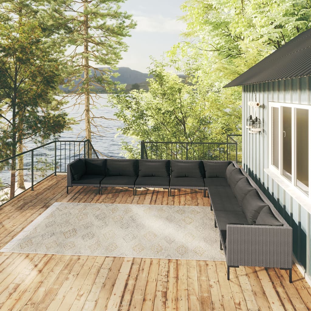 Ensemble de salon de jardin NNEVL 9 pièces avec coussins en rotin synthétique gris foncé