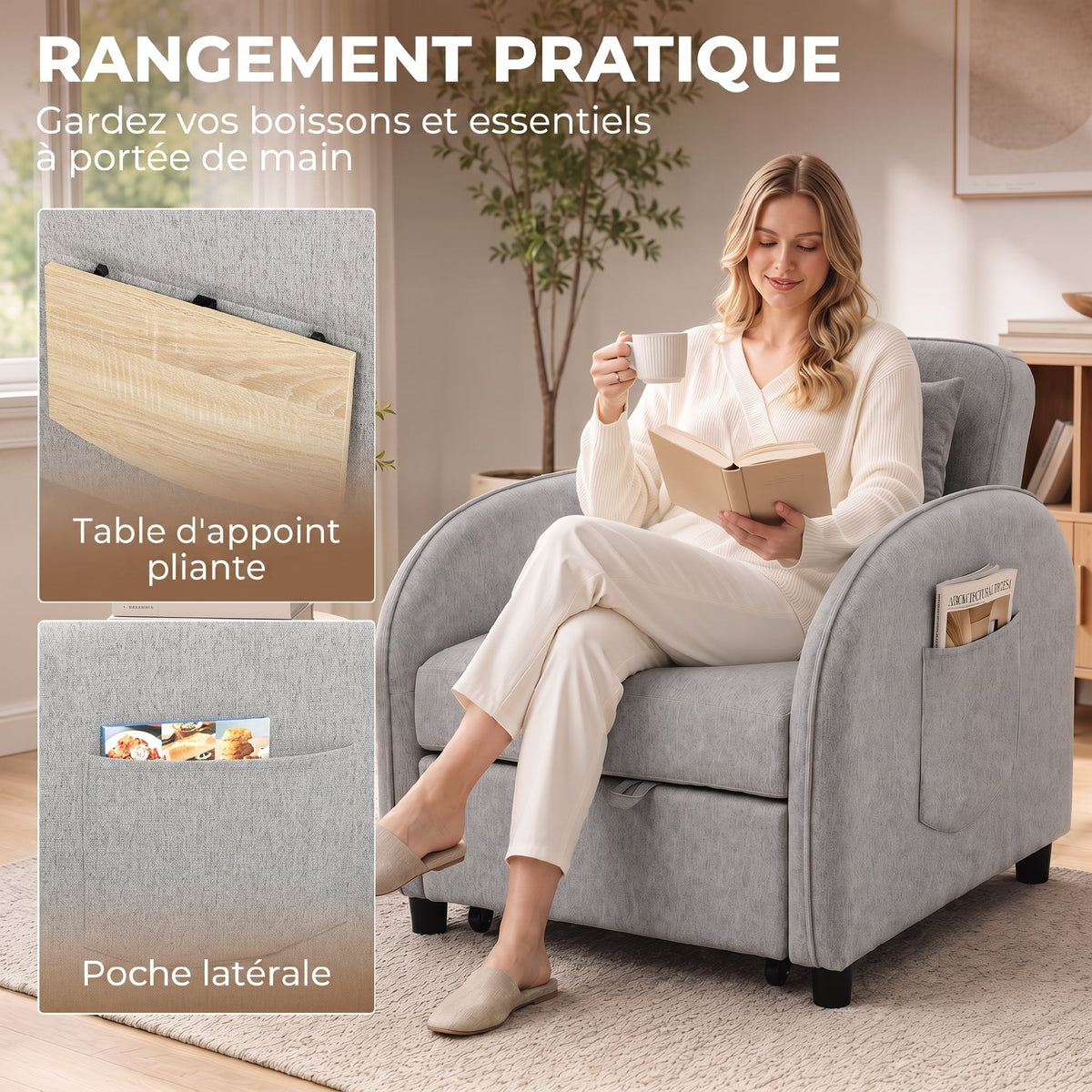 Fauteuil Convertible 1 Place, Fauteuil-Lit Clic-Clac 3 en 1, Dossier Réglable, Tablette Latérale Rabattable, Gris
