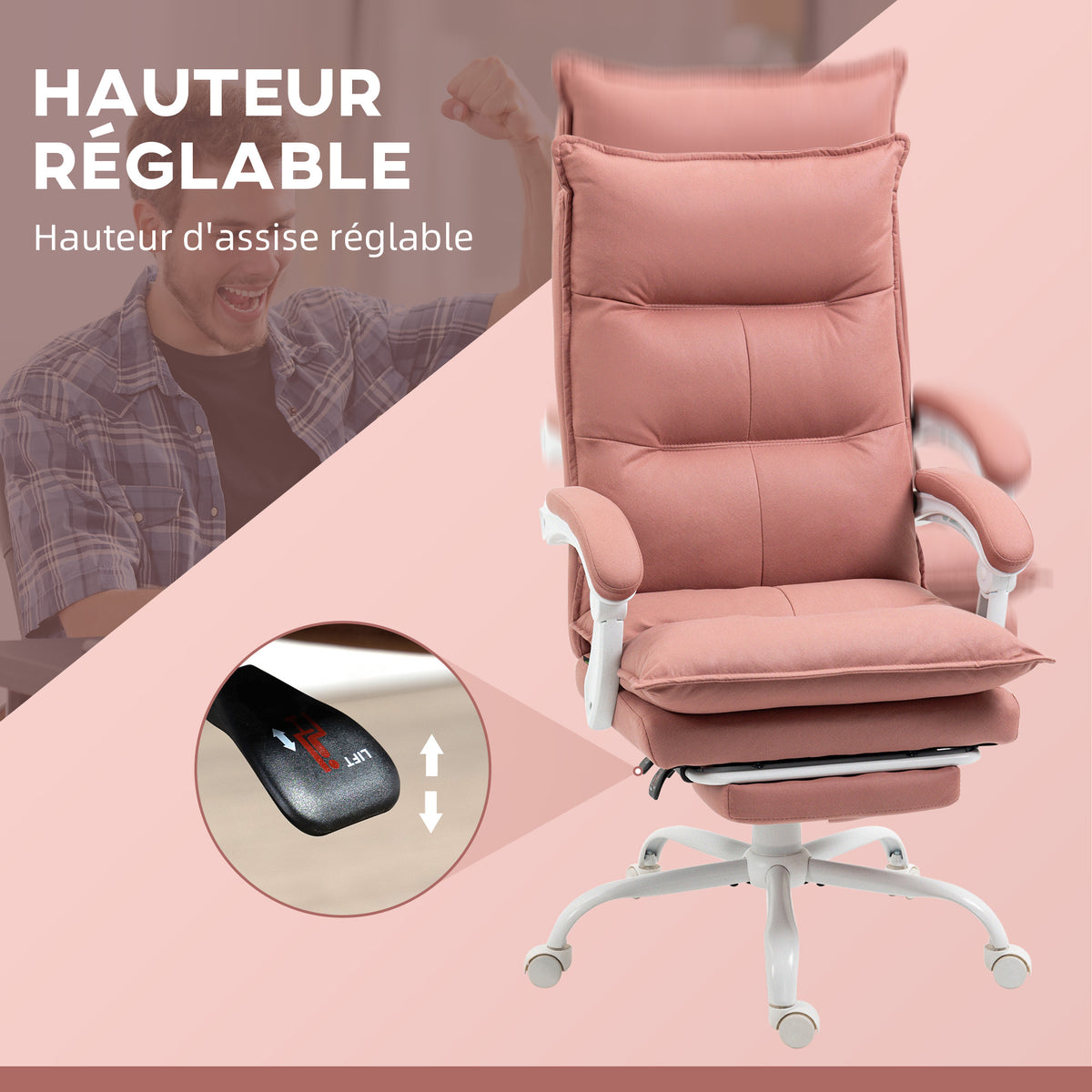 Fauteuil de bureau massant et chauffant, chaise de bureau, hauteur réglable, dossier inclinable, 66x74x121,5cm rose