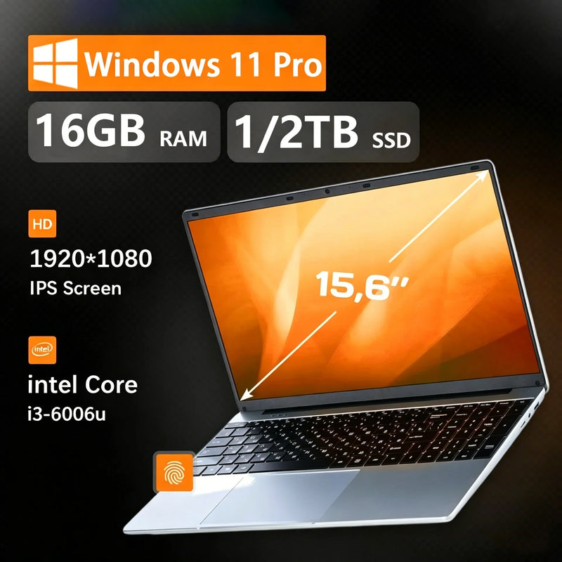 Notebook FUCHU de 15.6' com Desbloqueio por Impressão Digital, Windows 11 Pro, Intel Core I3 6006U, 16GB de RAM, 1TB SSD, Computador para Escritório