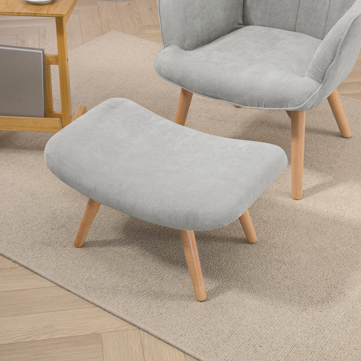 Fauteuil avec repose-pieds, dossier haut, pieds en bois et tissu aspect velours côtelé, pour salon chambre à coucher gris