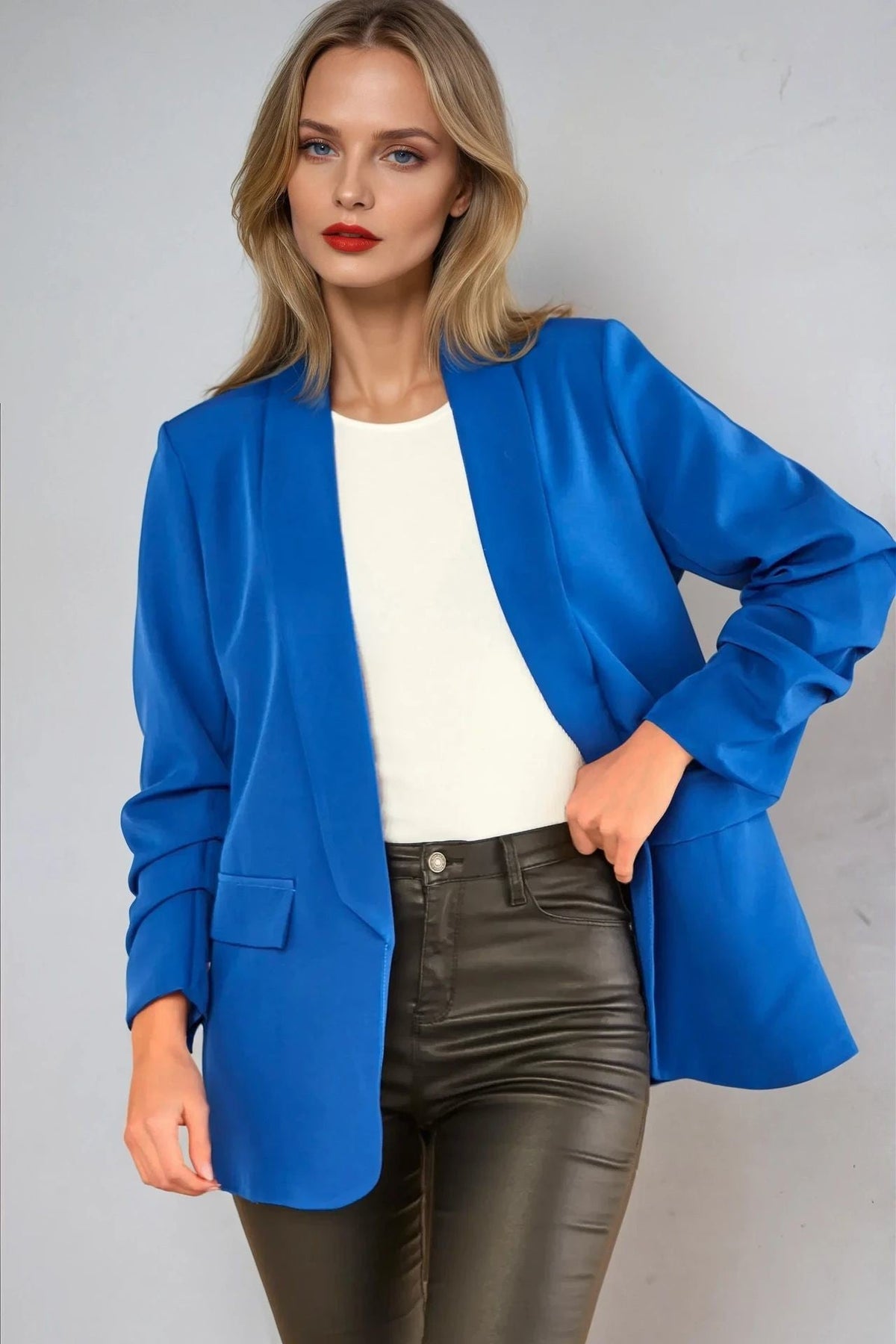 Royal Blue Blazer with Ruched Sleeves-1