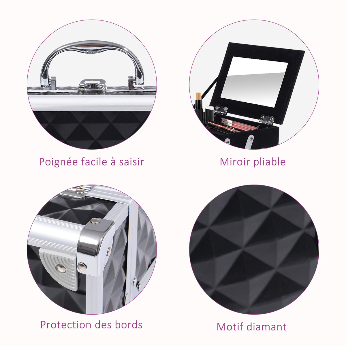 Mallette de maquillage de rangement à 3 niveaux avec miroir, verrouillable avec 2 clés, dim. 20L x 15l x 15H cm noir