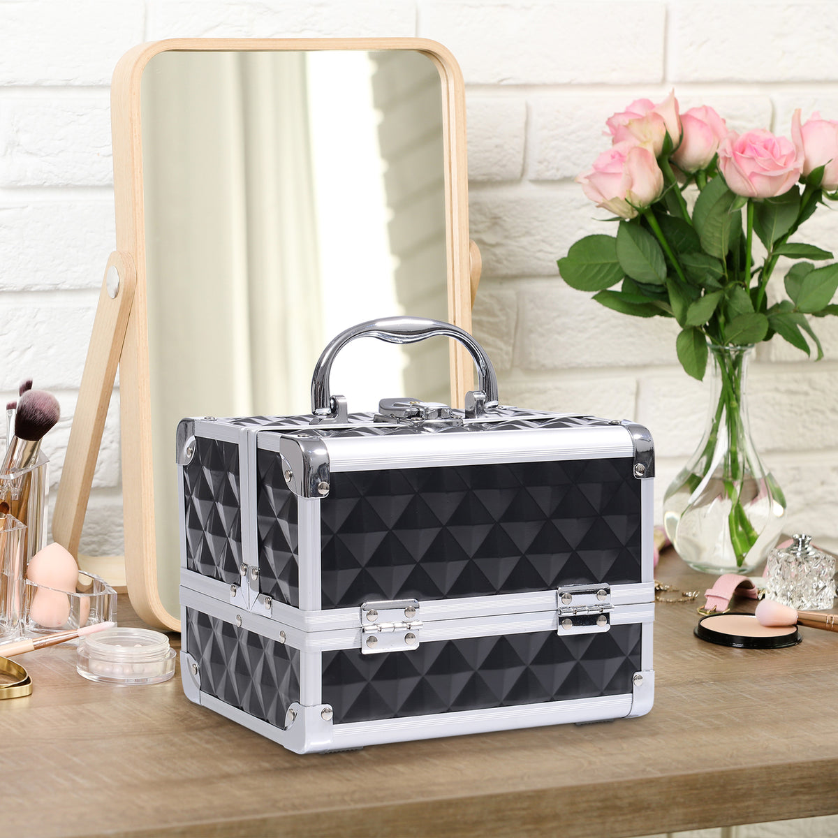 Mallette de maquillage de rangement à 3 niveaux avec miroir, verrouillable avec 2 clés, dim. 20L x 15l x 15H cm noir