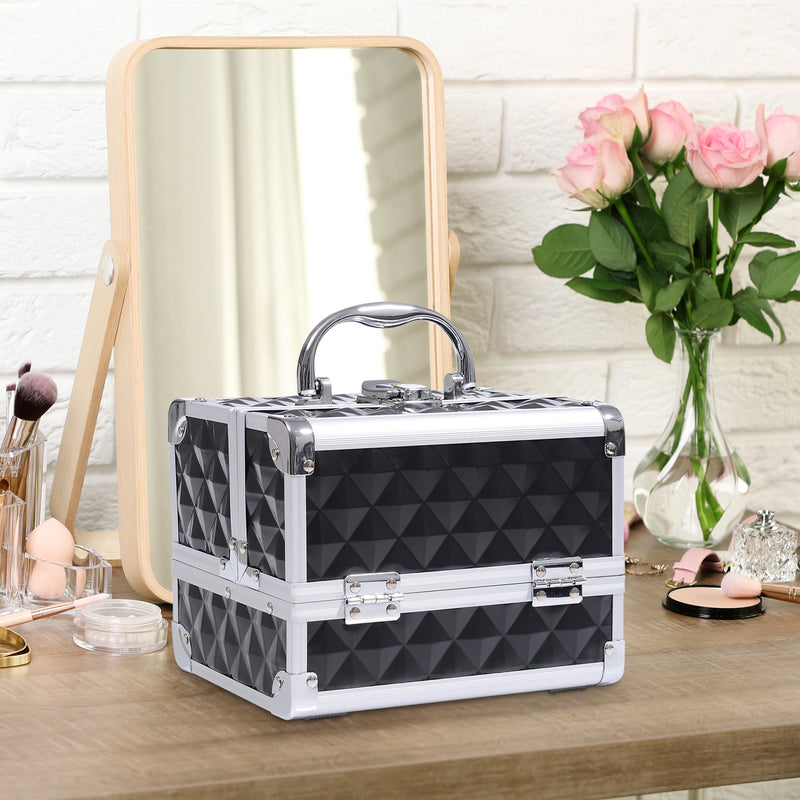 Mallette de maquillage de rangement à 3 niveaux avec miroir, verrouillable avec 2 clés, dim. 20L x 15l x 15H cm noir