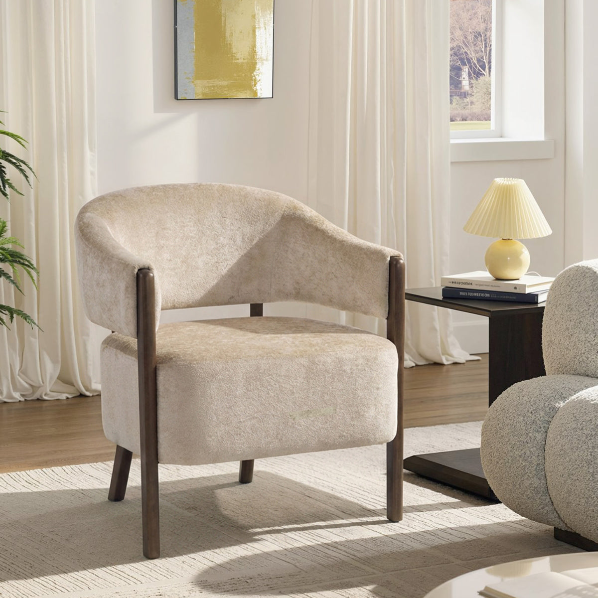 Fauteuil de salon en chenille, chaise rembourrée, assise large, dossier ergonomique, accoudoirs, 71x63,5x78,5cm, beige