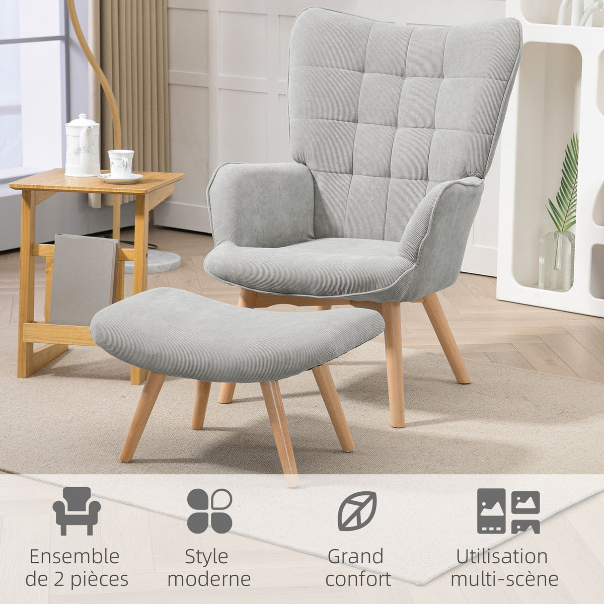 Fauteuil avec repose-pieds, dossier haut, pieds en bois et tissu aspect velours côtelé, pour salon chambre à coucher gris