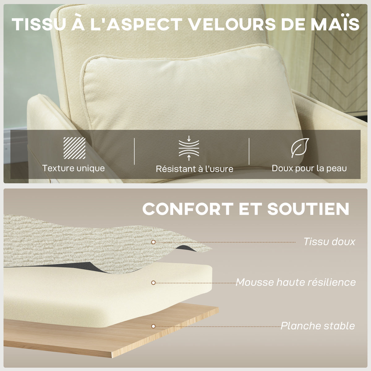 Fauteuil convertible 1 place, Fauteuil-lit Clic-Clac 3 en 1 Rembourré en Velours Grain de Maïs, Dossier Réglable, Beige