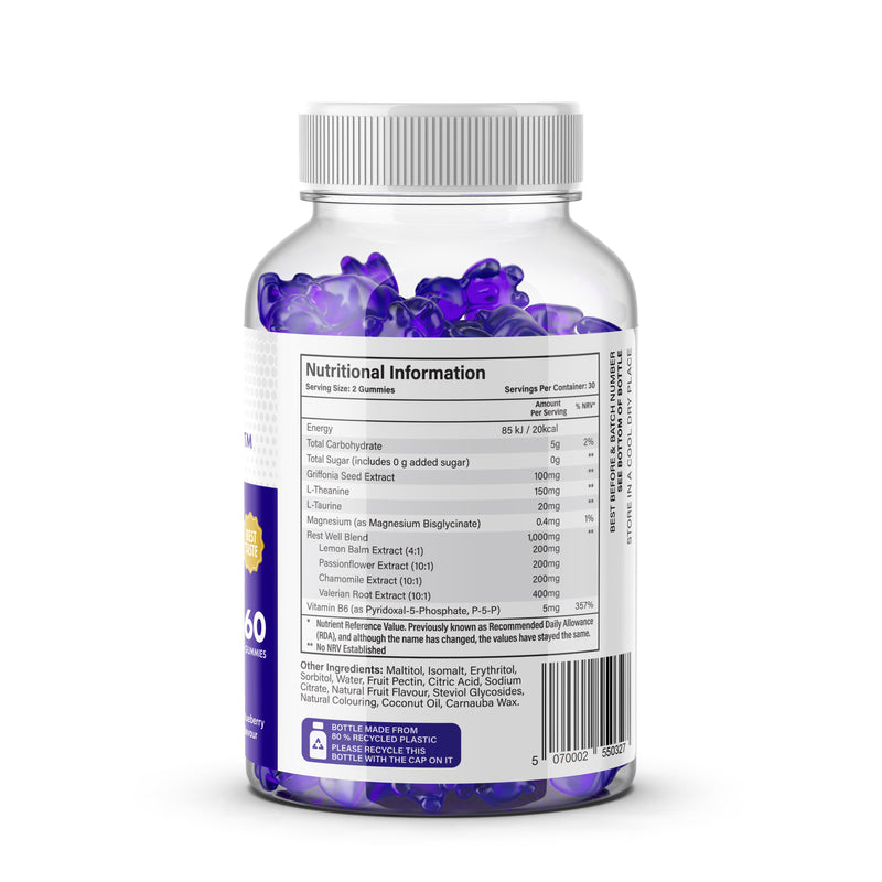 Gummies Sommeil Complet avec Magnésium et Racine de Valériane - Sans Sucre - Royaume-Uni