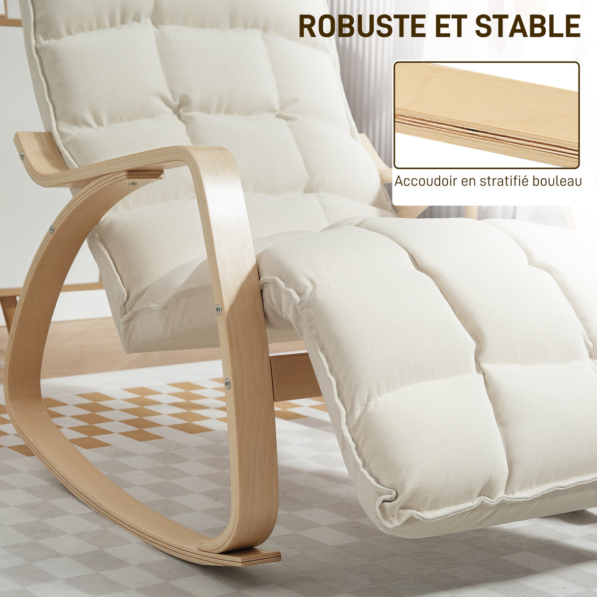 Fauteuil à bascule avec repose-pieds ajustable, rocking chair avec pieds en bois de bouleau, 67 x 106-123 x 92 cm, crème