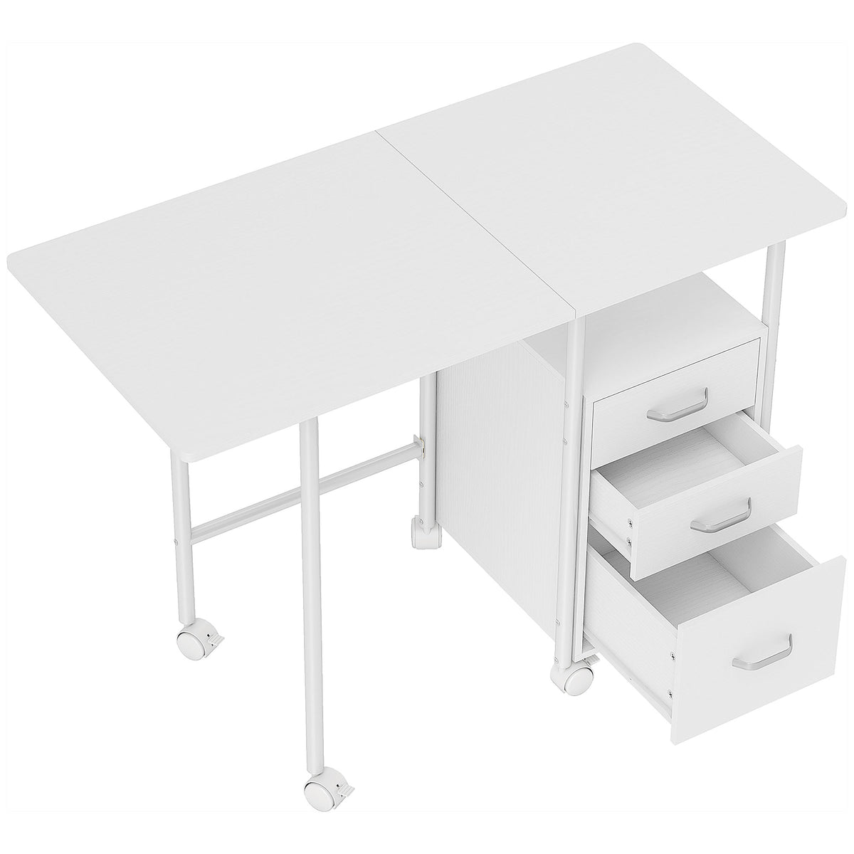 Bureau d'ordinateur pliable à roulettes, bureau avec rangement, 3 tiroirs, tablette coulissante, 105x51x75,5cm, blanc