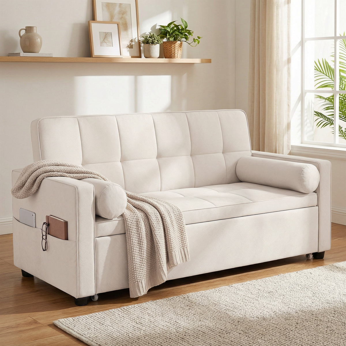 Canapé convertible 2 places 3 en 1 canapé-lit avec lit gigogne double dossier réglable 2 coussins 80,5x137,5x84cm beige