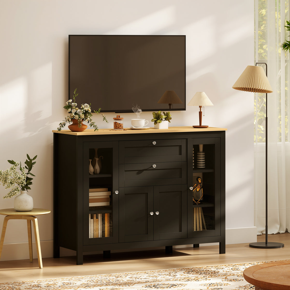 Buffet meuble de rangement 1 placard double porte 2 placards à porte vitrée 2 tiroirs étagère réglable 120x40x90cm noir