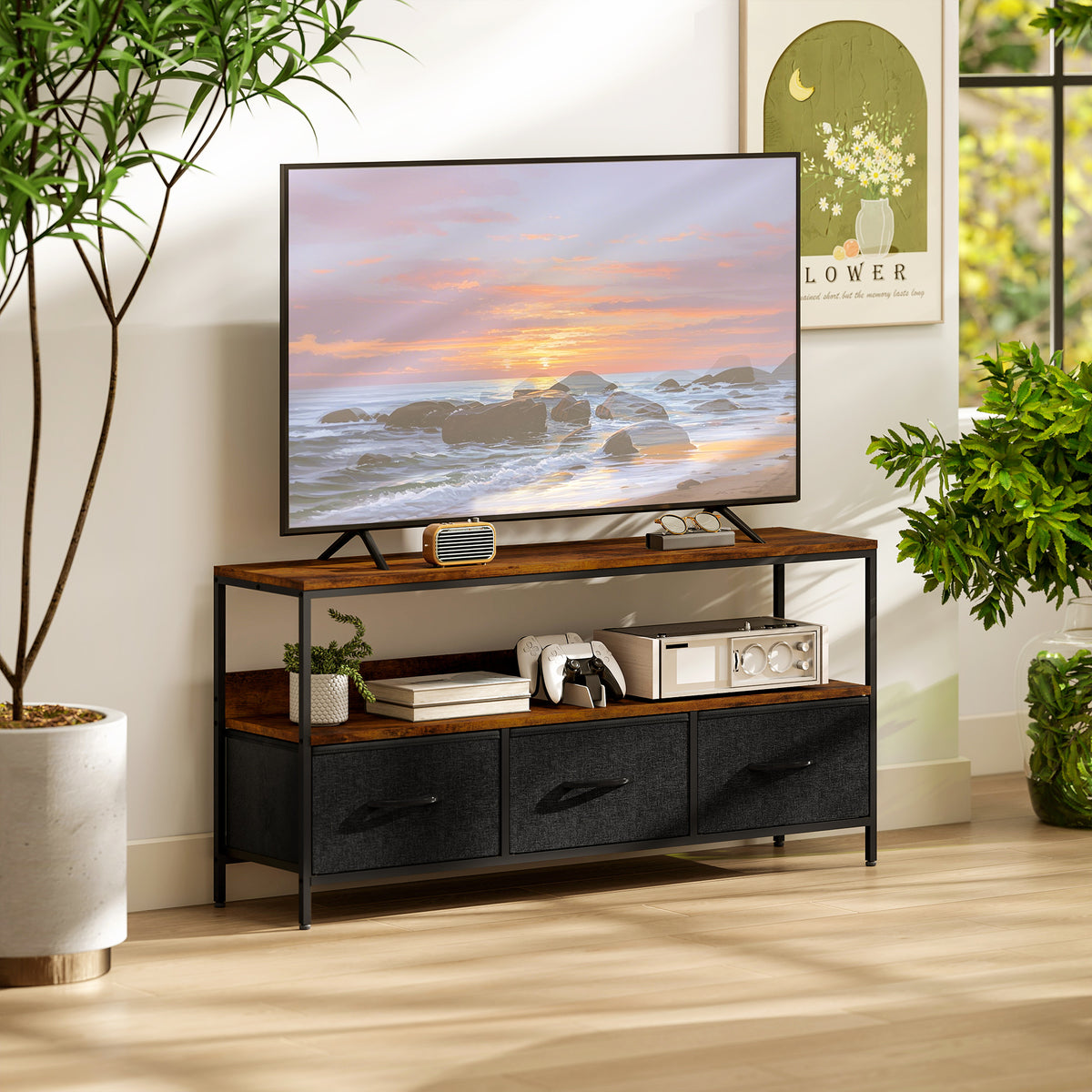 Meuble TV, meuble TV pour téléviseur jusqu'à 55 pouces avec 3 tiroirs et pieds en acier 120 x 29 x 56 cm brun rustique