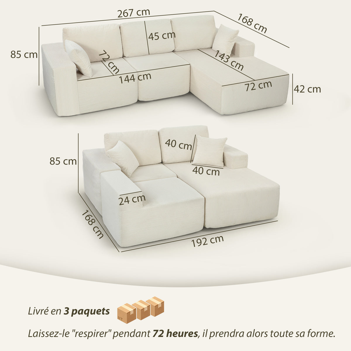 Canapé d'angle modulable 2 en 1, 267cm, canapé-lit 3 places en velours côtelé, assise et accoudoirs larges, crème