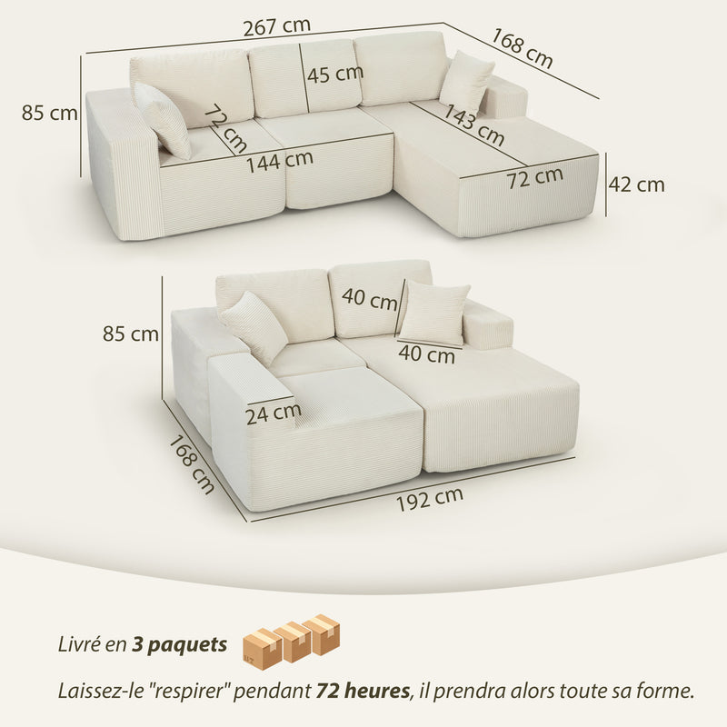 Canapé d'angle modulable 2 en 1, 267cm, canapé-lit 3 places en velours côtelé, assise et accoudoirs larges, crème