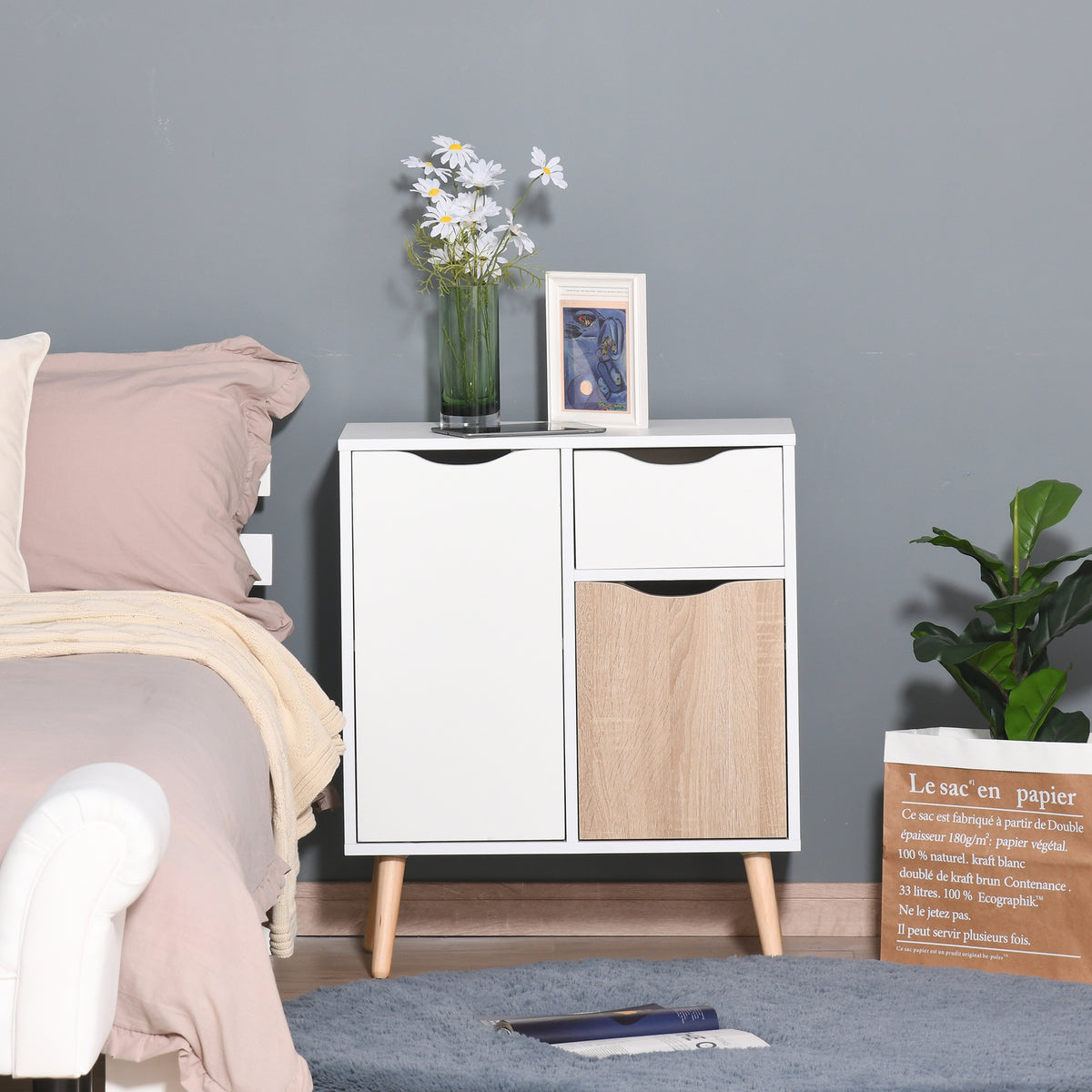 Buffet Meuble de Rangement Design scandinave 2 placards tiroir Coulissant Bois Blanc Chêne Clair