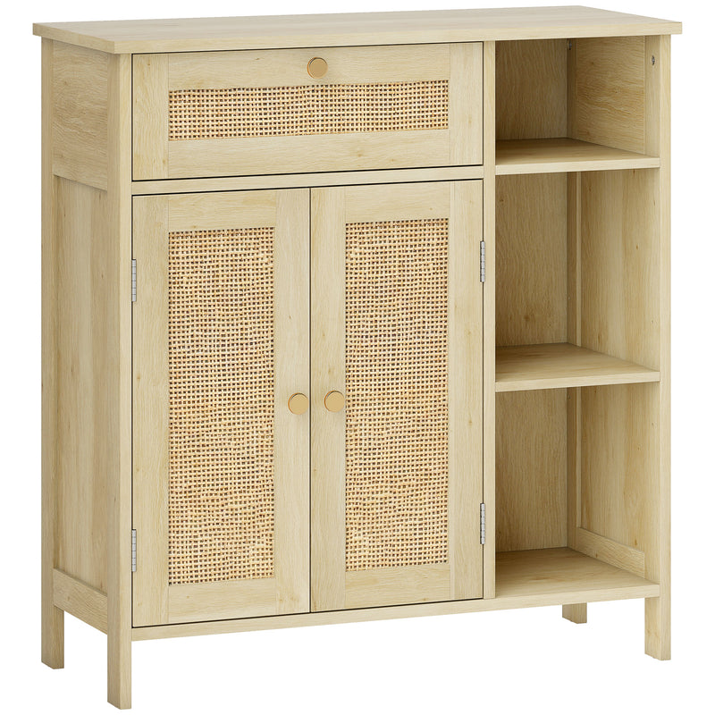 Buffet, meuble de rangement, 2 portes en rotin, tiroir, niches ouvertes, étagères réglables, 75x30x79,5cm, bois naturel