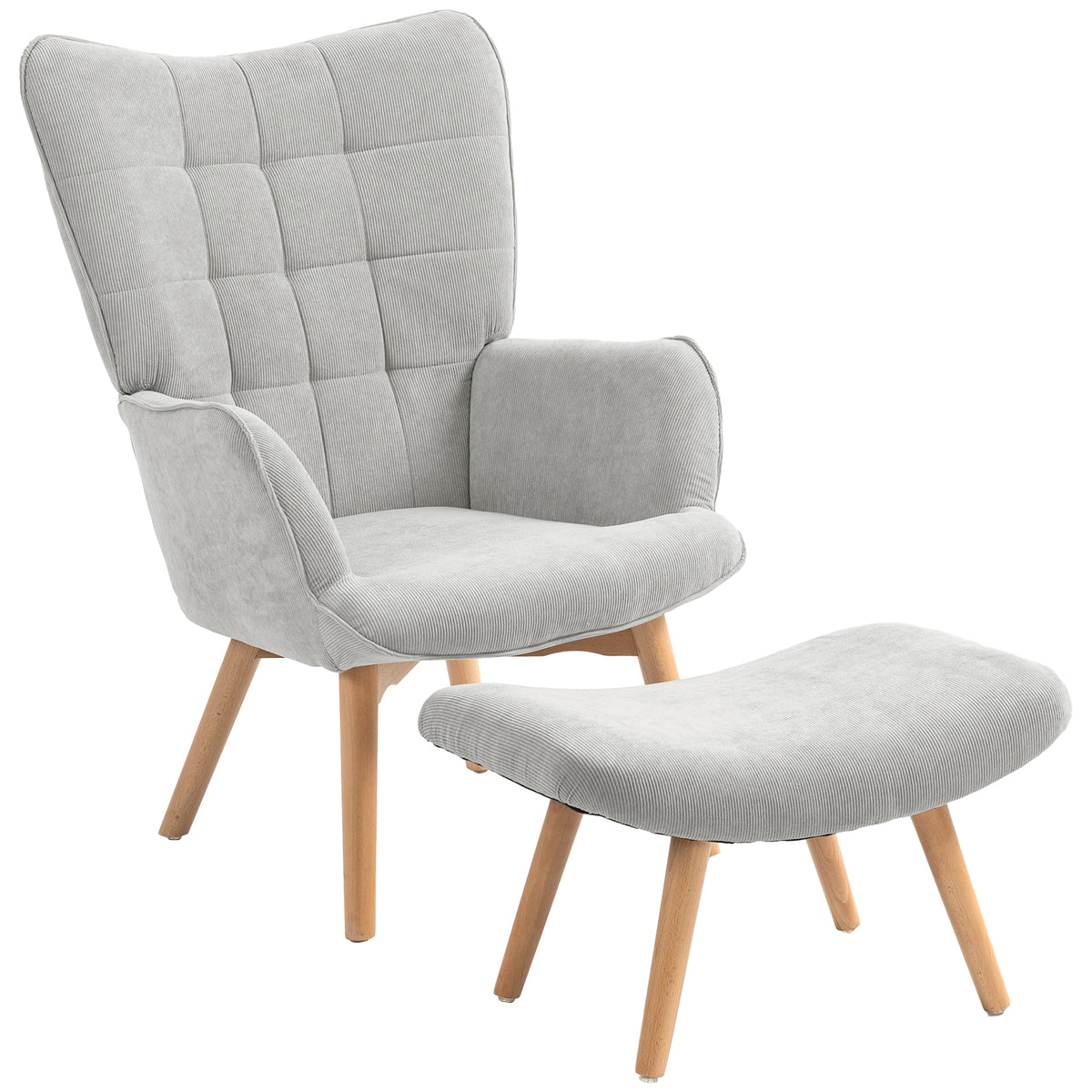 Fauteuil avec repose-pieds, dossier haut, pieds en bois et tissu aspect velours côtelé, pour salon chambre à coucher gris
