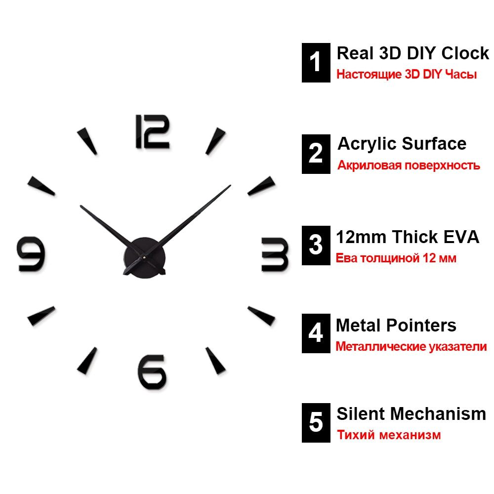 Grande horloge murale à quartz 3D à monter soi-même, grande montre décorative, horloges de cuisine, autocollant miroir en acrylique, horloges murales surdimensionnées, décoration de maison avec lettres