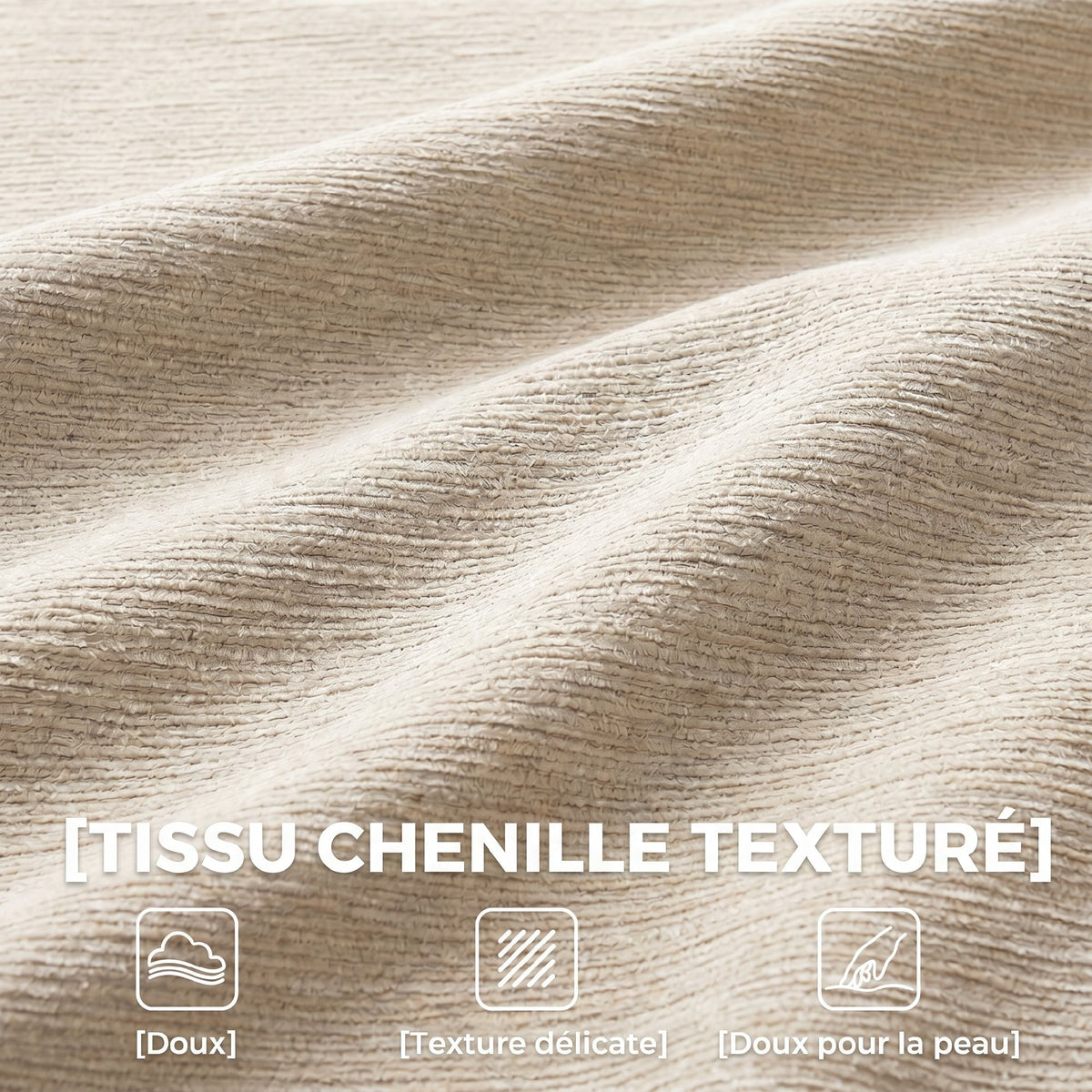 Canapé 3 places en chenille 248 cm, canapé salon moderne, large assise rembourrée, coussins à ressorts, beige