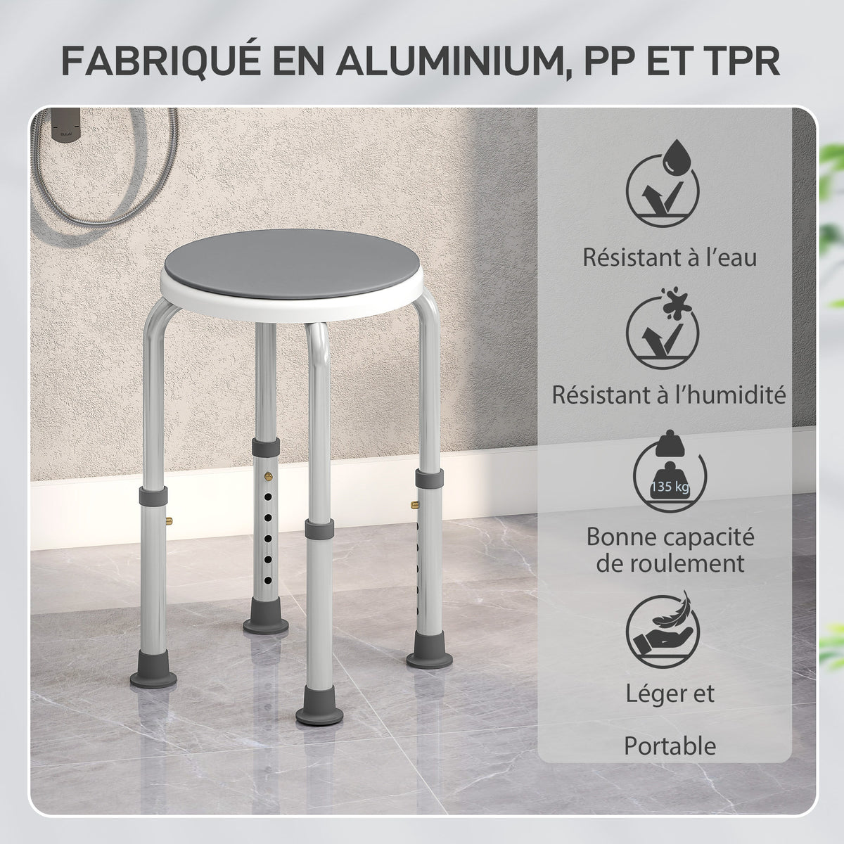 Banquette de douche siège de douche antidérapant banc de bain hauteur réglable pivotant à 360° en aluminium