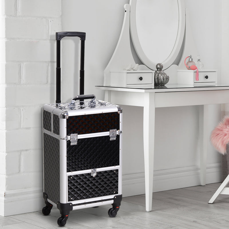 Valise trolley maquillage mallette cosmétique vanity poignée télescopique réglable 34L x 25l x 62H cm alu. noir