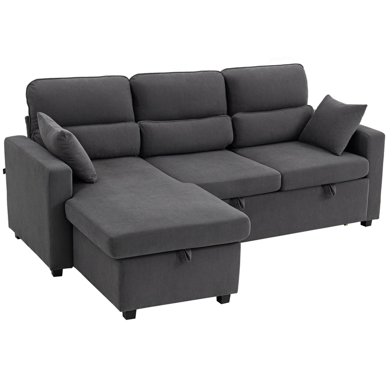 Canapé d'angle convertible en velours côtelé, canapé-lit 3 places avec rangement caché, coussins, 205x135x76cm, gris