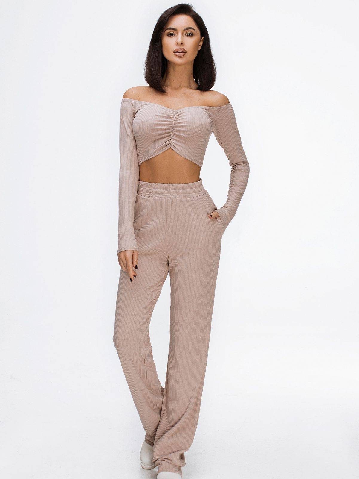 off-shoulder knit crop top and wide-leg pants set trendy two-piece summer outfit with long sleeves knit crop top with wide-leg trousers for women casual lounge set with draped crop top off shoulder co-ord outfit for summer day